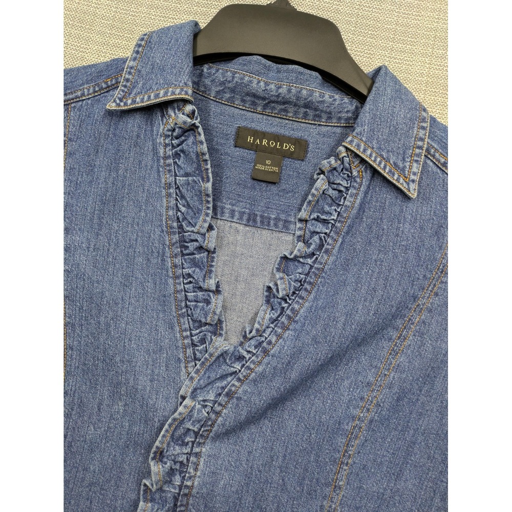 Harold's Blouse Womens Large Blue Denim Ruffle V Neck Long Sleeve Casual Top